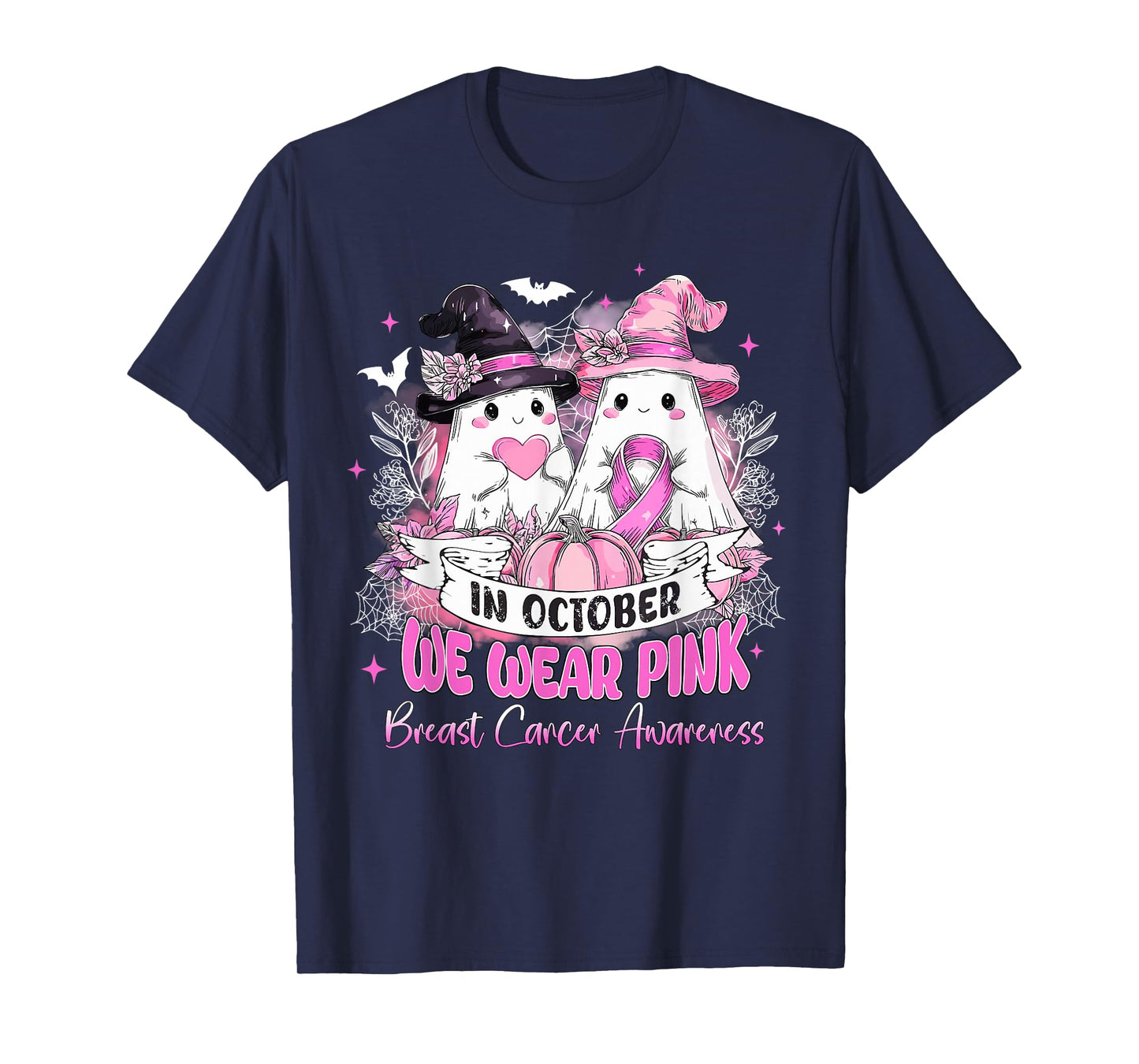 in October We Wear Pink Ghost Witch Breast Cancer Awareness T-Shirt
