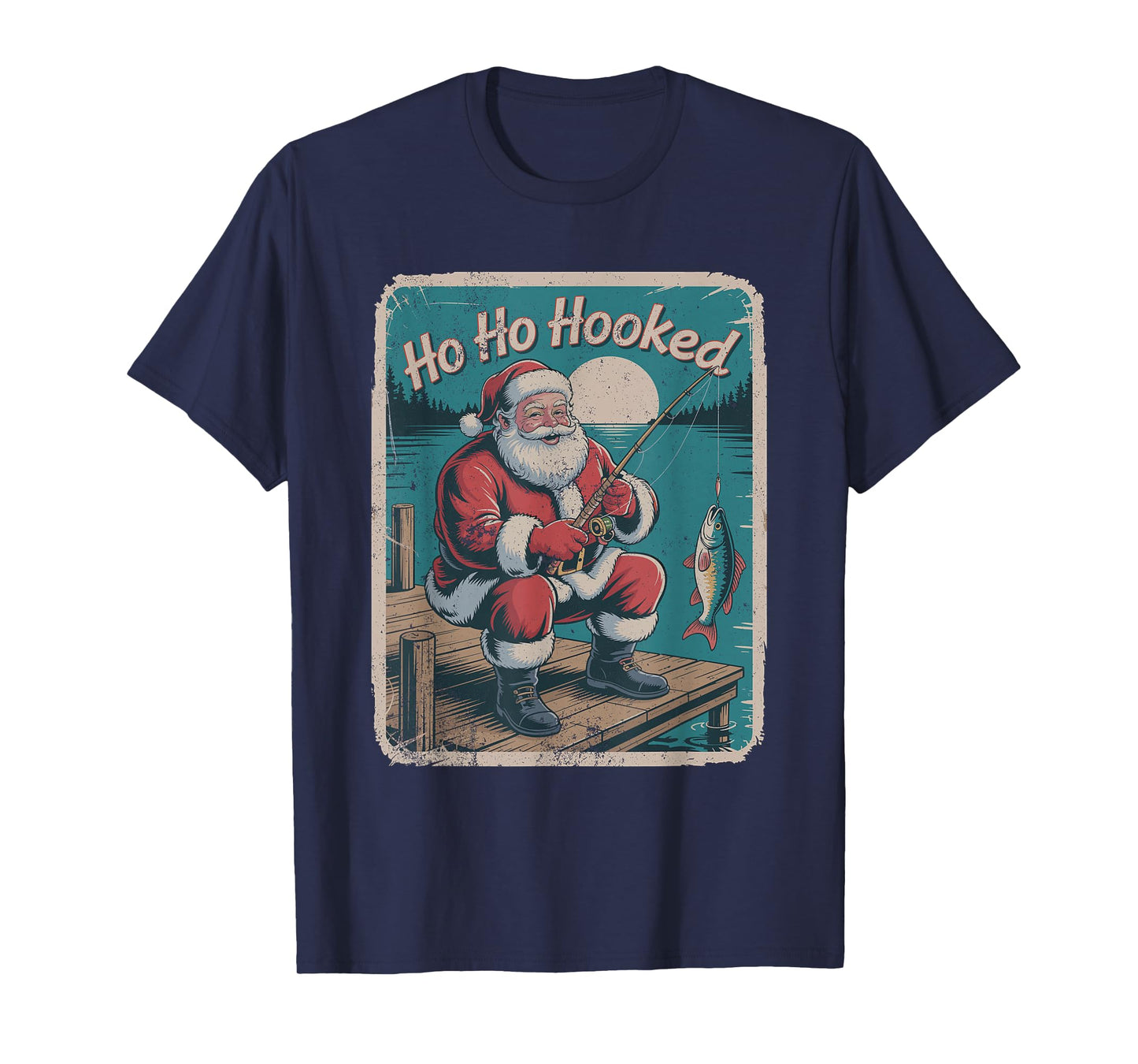 Santa Fishing Retro Vintage 90s Christmas Holiday Funny T-Shirt