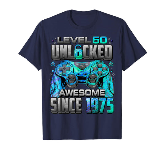 Level 50 Unlocked Awesome Since 1975 50th Birthday Gaming T-Shirt