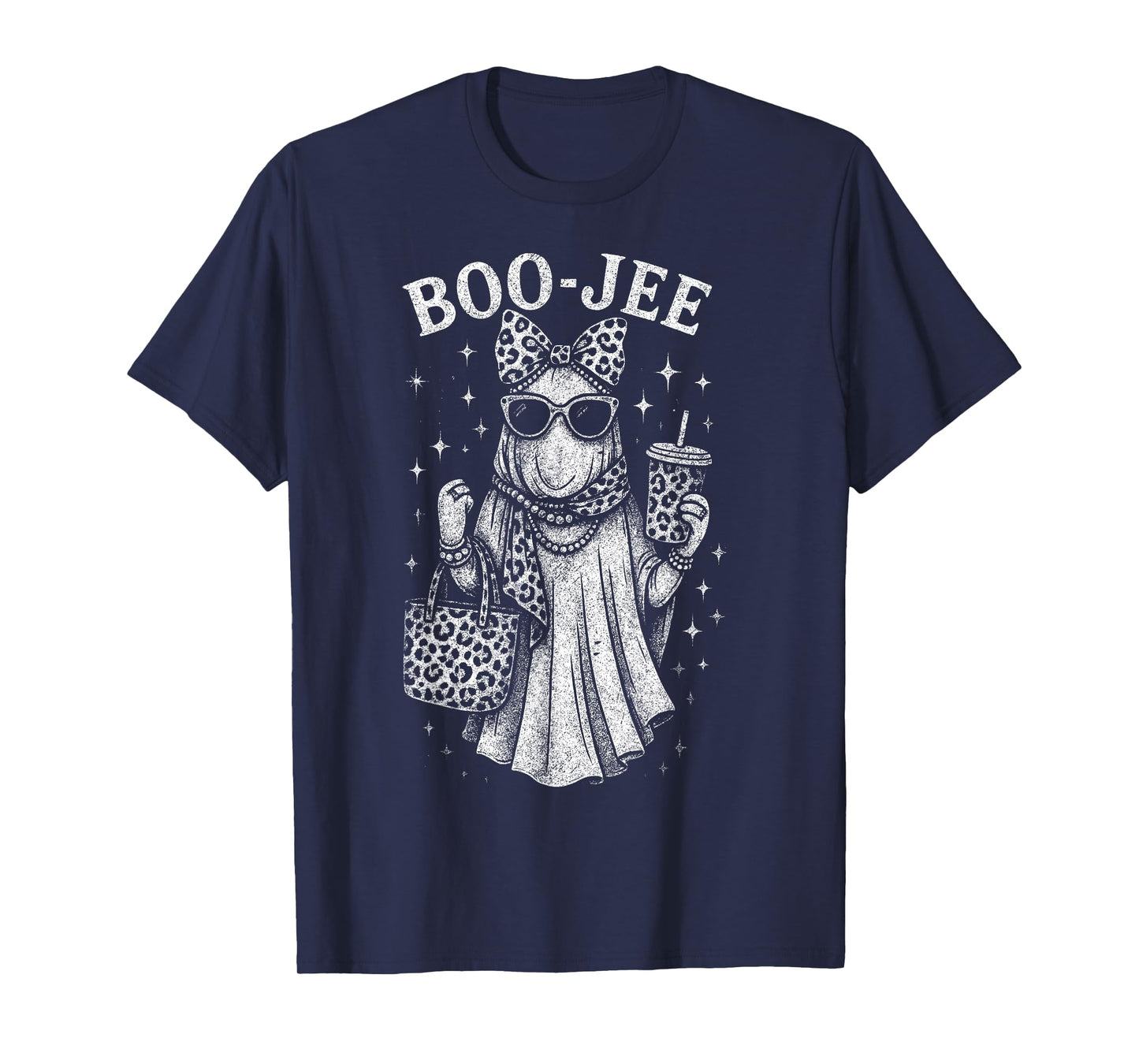 Retro Leopard Boo JEE Ghost Coffee Halloween Costumes Womens T-Shirt
