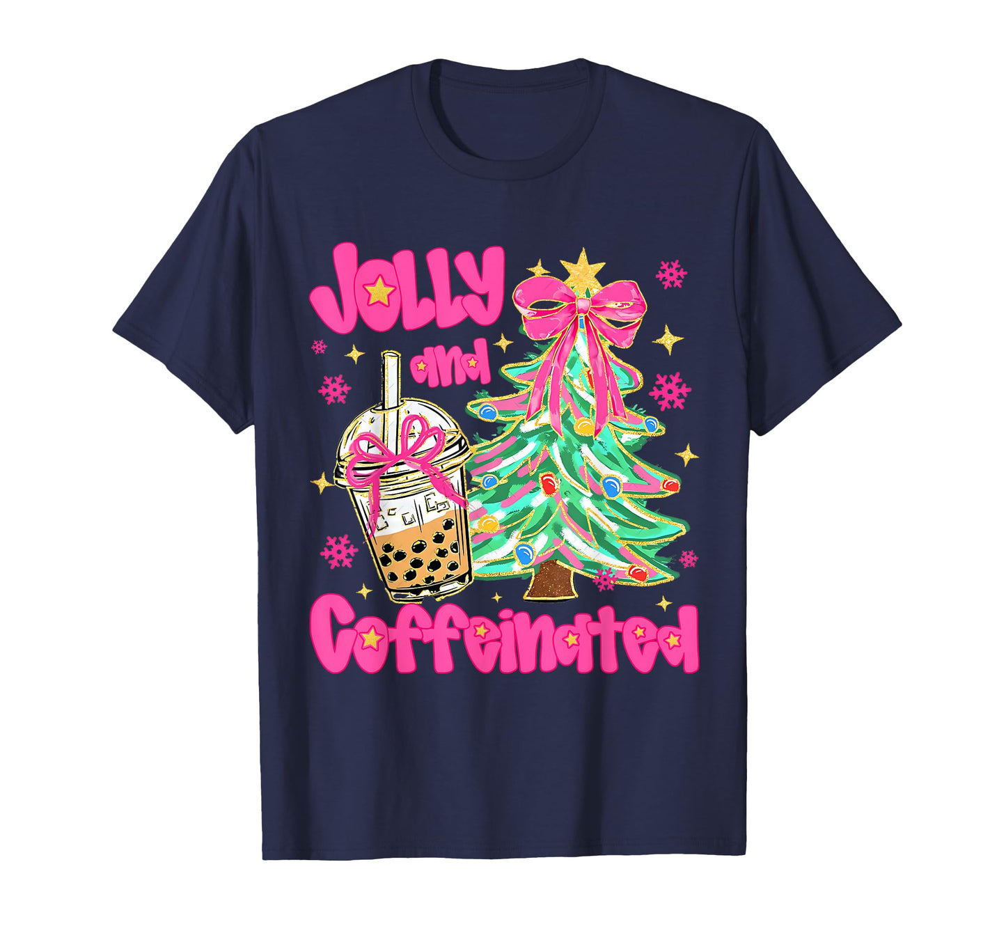 Jolly & Caffeinated Coffee Coquette Bow Xmas Tree Christmas T-Shirt