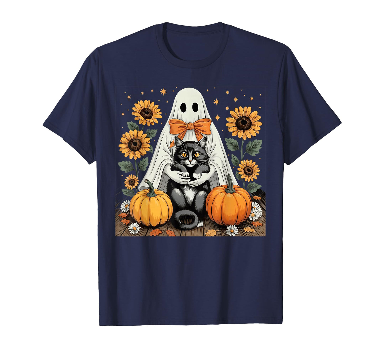 Womens Halloween Ghost Black Cat Ghost Halloween Girls T-Shirt