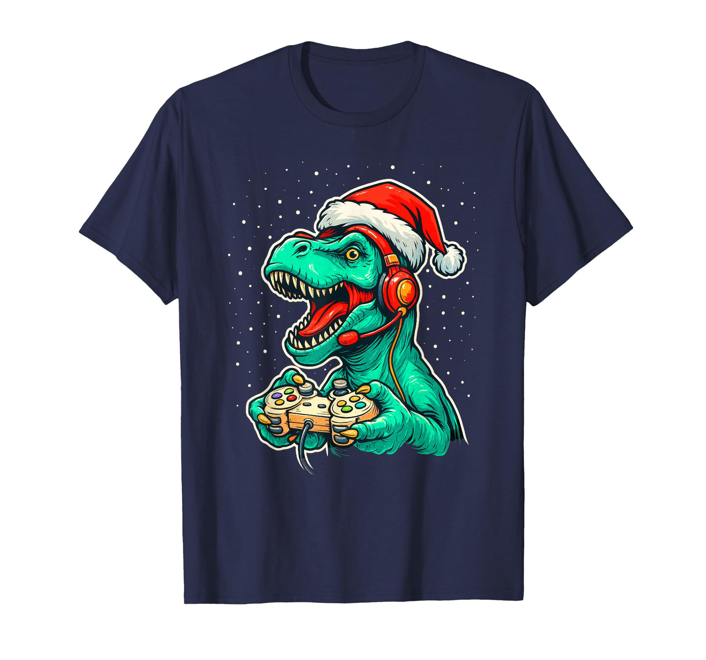 Dinosaur T Rex Playing Video Game Santa Hat Christmas T-Shirt