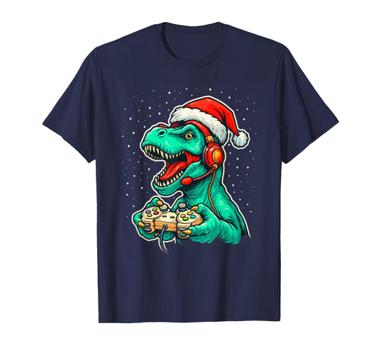 Dinosaur T Rex Playing Video Game Santa Hat Christmas T-Shirt