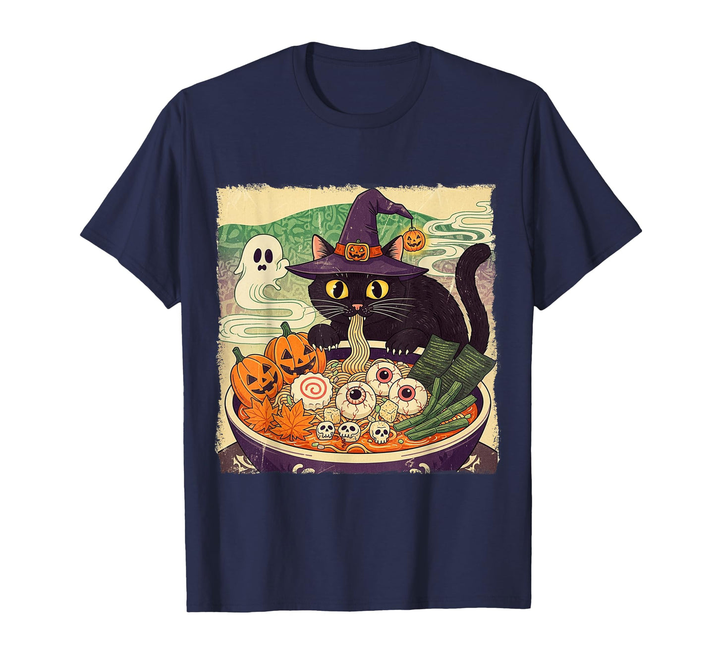 Vintage Spooky Ramen Witch Cat Retro Japanese Halloween T-Shirt