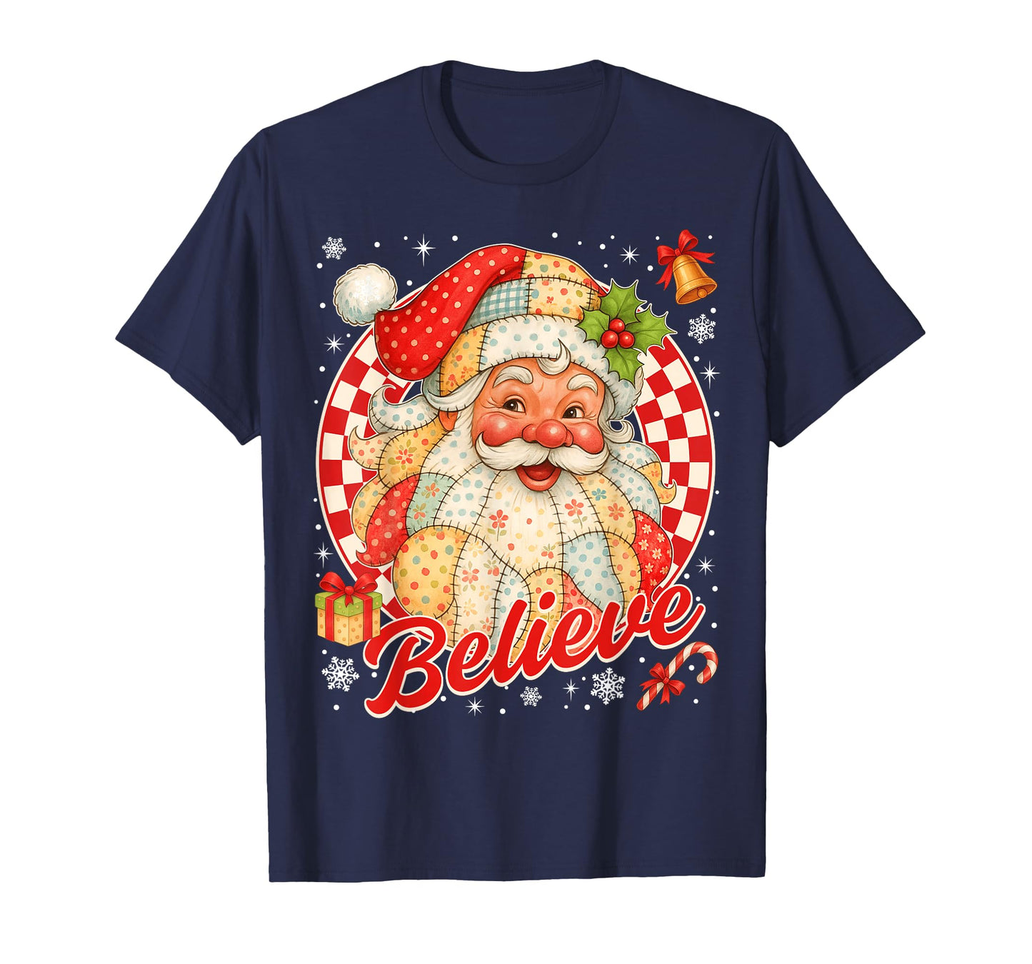 Vintage Santa Claus Believe Patchwork Christmas Women Girls T-Shirt