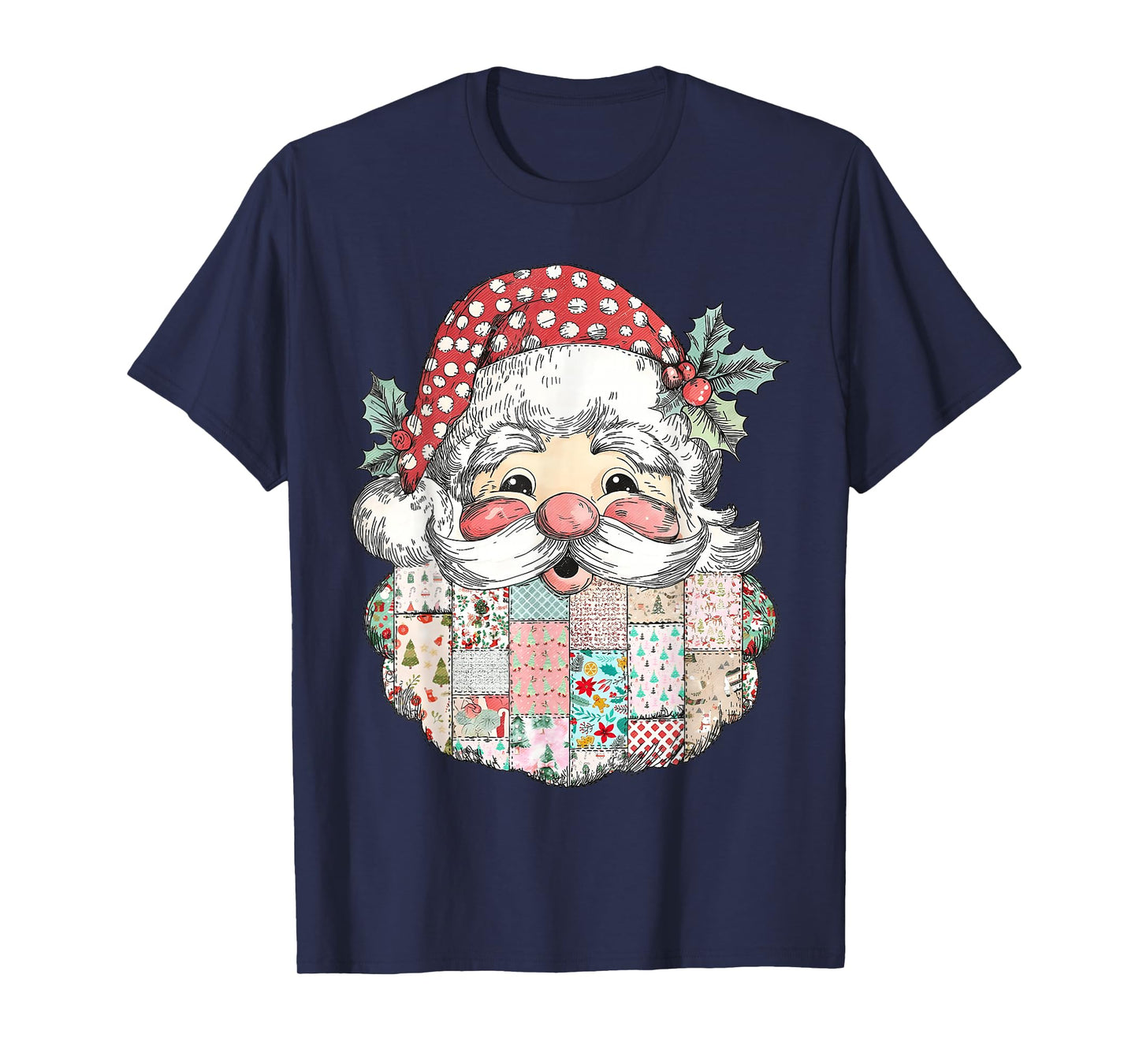 Patchwork Santa Claus Face Vintage Merry Christmas Xmas T-Shirt