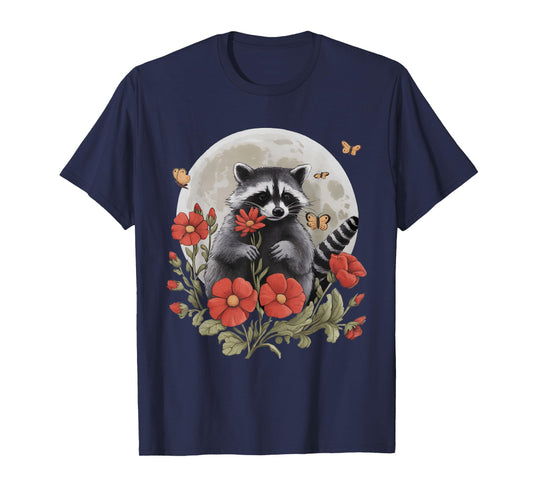Vintage Raccoon Floral Cottagecore Full Moon Flowers T-Shirt