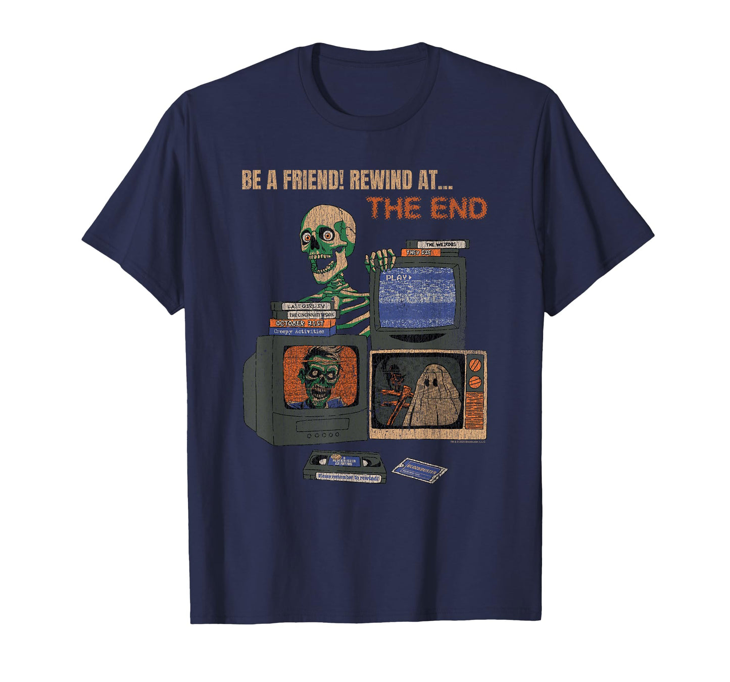 Blockbuster Rewind At the End Horror Movie Skeleton Vintage T-Shirt