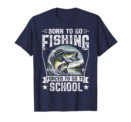 Teen Boys Fishing Shirt Forced To Go To School Bass Fish T-Shirt