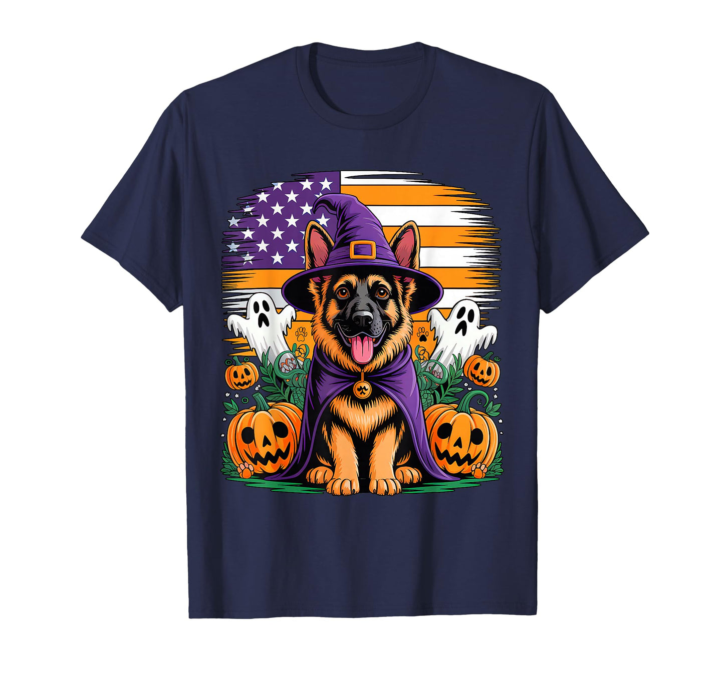 German Shepherd Cosplay Witch Halloween Owner Horror US Flag T-Shirt
