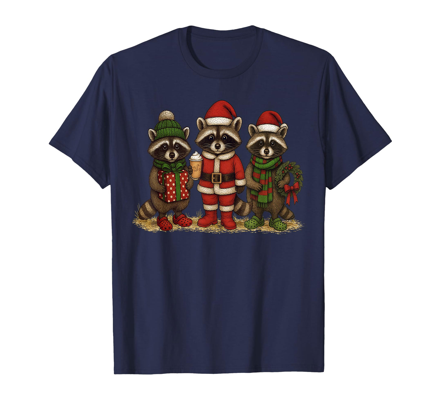 Cute But Feral Funny Raccoon Christmas Santa Hat Men Women T-Shirt