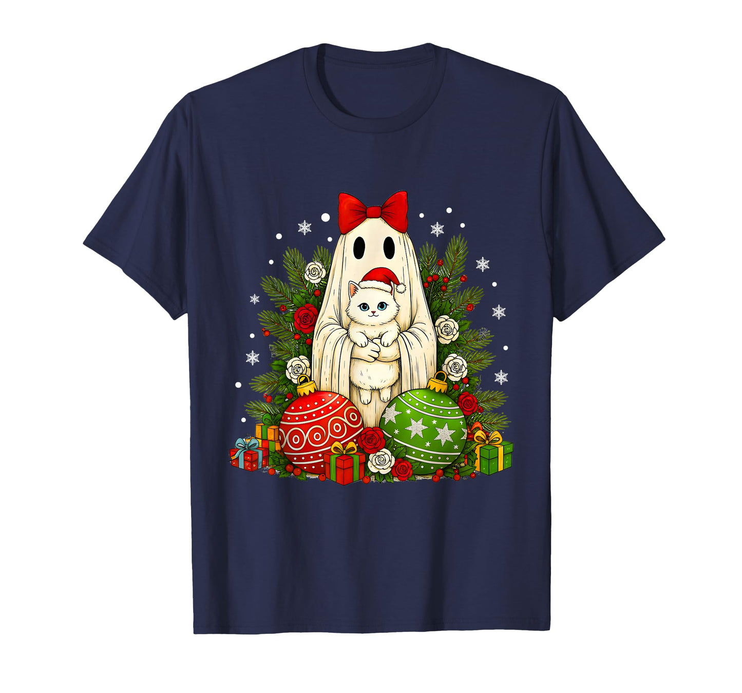 Vintage Christmas Ghost Holding White Cat Groovy Floral T-Shirt