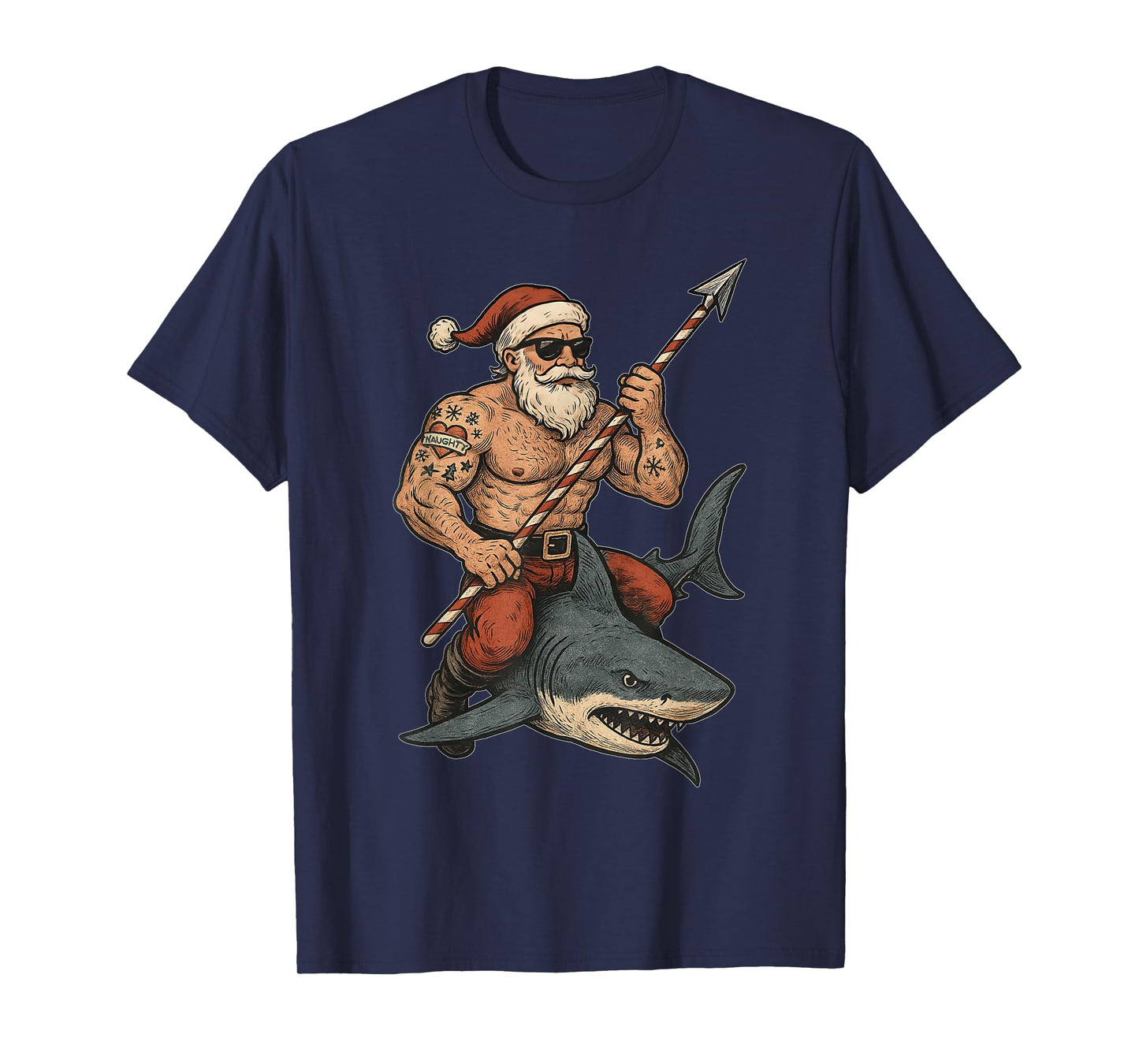 Tattooed Muscular Santa Shark Funny Xmas Holidays T-Shirt