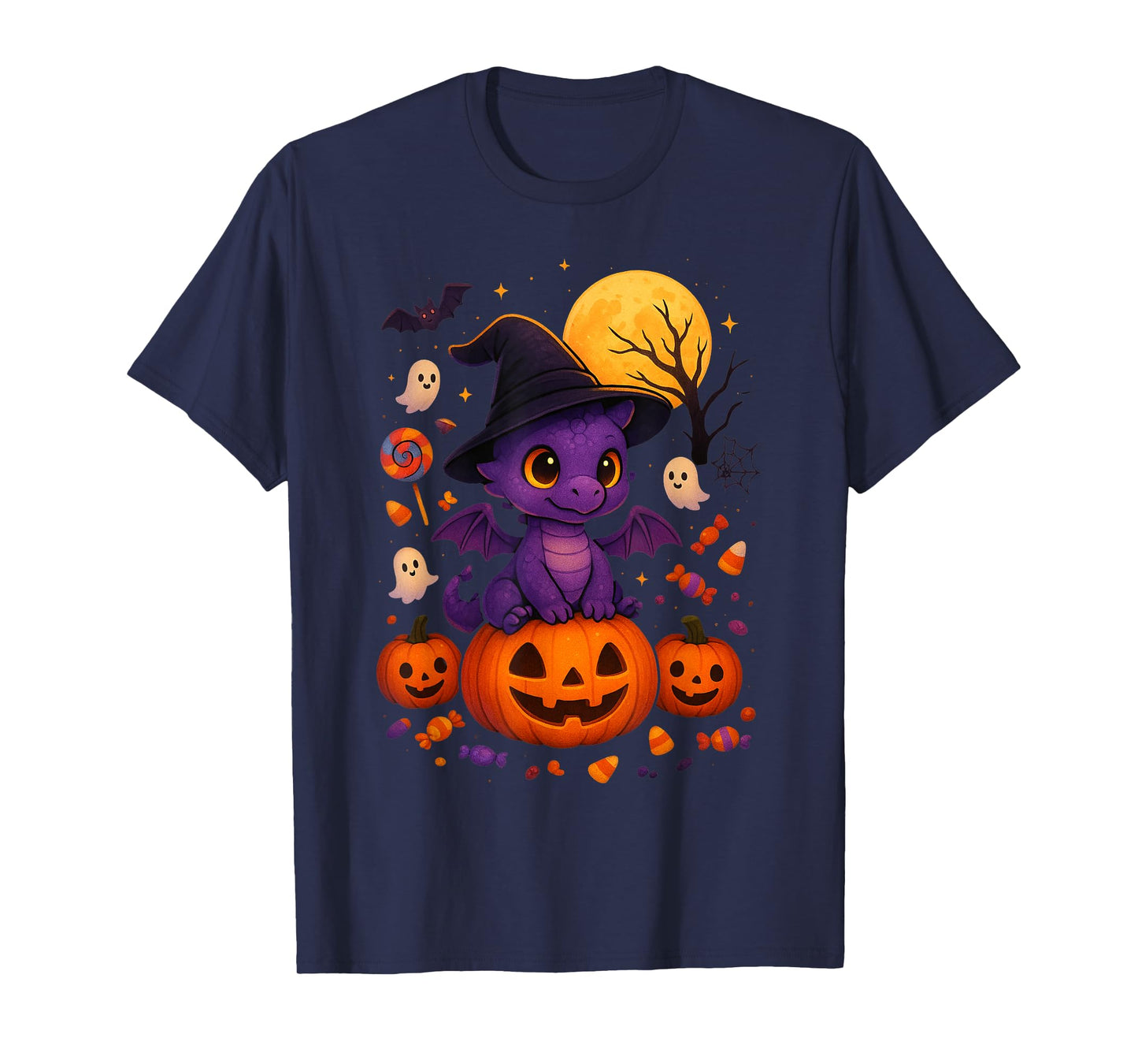 Cute Halloween Dragon Witch Hat Pumpkin Moon Fantasy T-Shirt