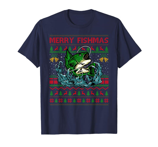 Fishing Ugly Christmas Sweaters Xmas Pajamas Merry Fishmas T-Shirt