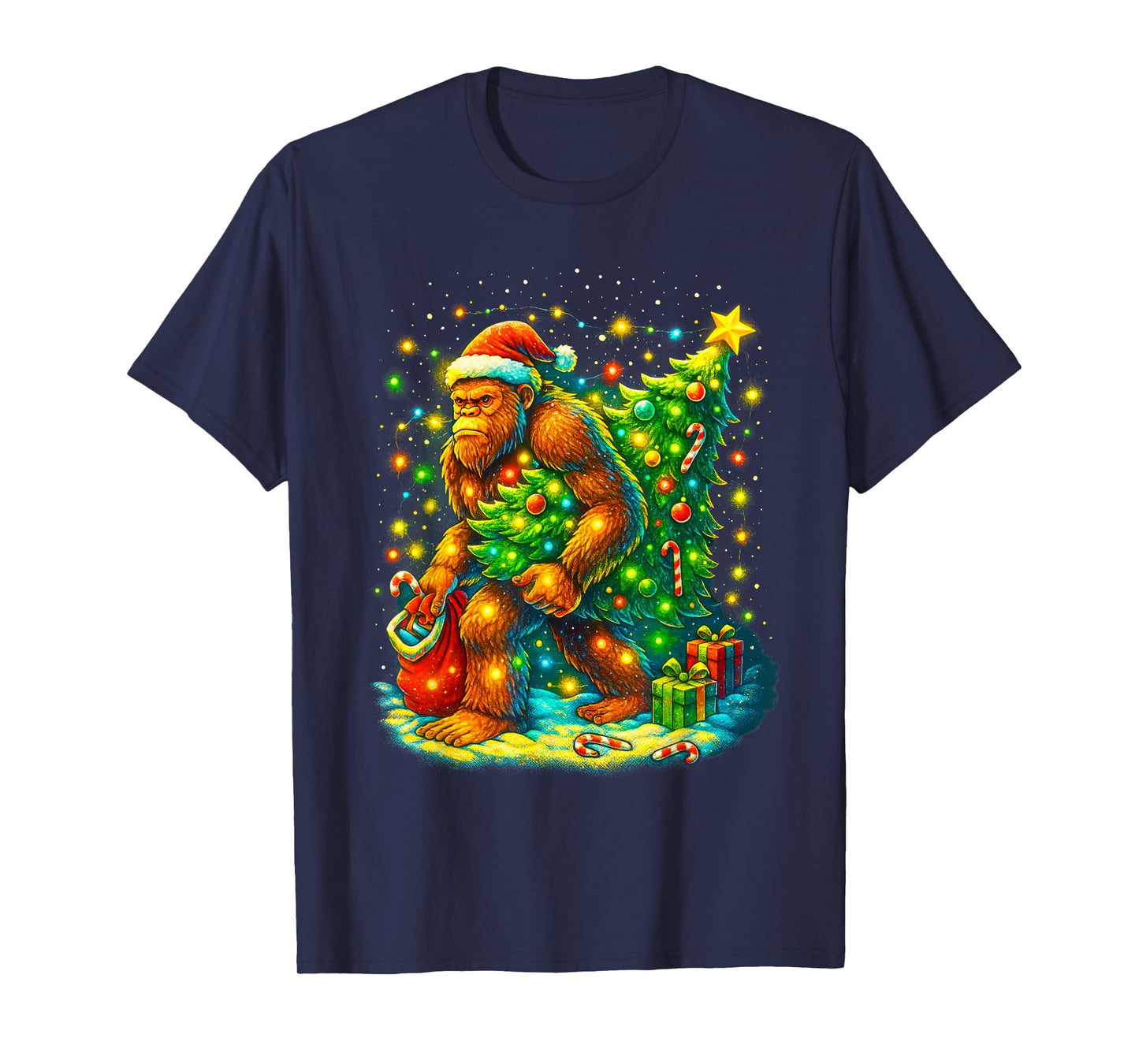 Santa Bigfoot Christmas Tree Funny Sasquatch Xmas Lights T-Shirt