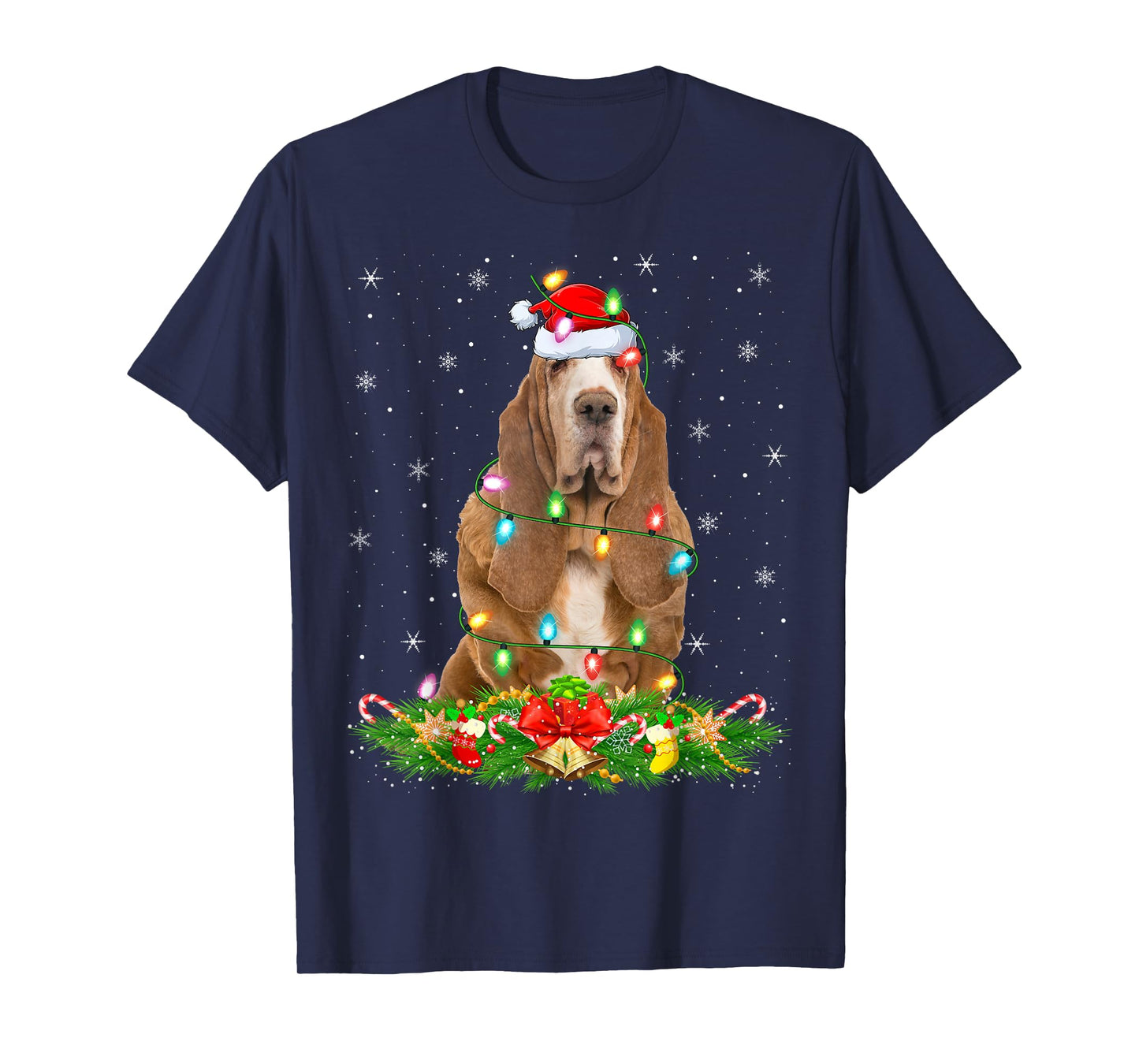 Basset Hound Dog Christmas Lights Funny Santa Hat Xmas T-Shirt