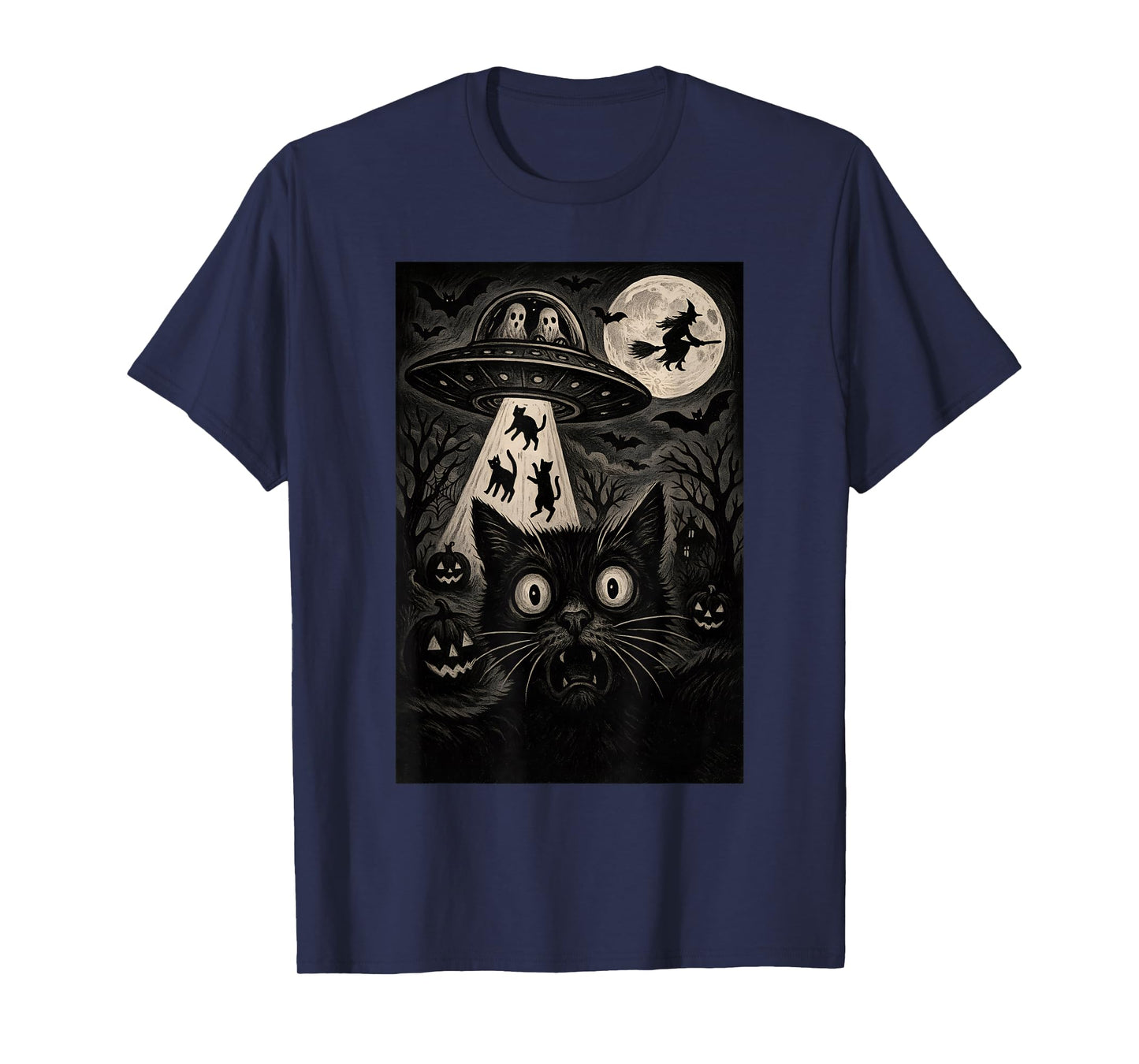 Halloween Cat Selfie Spooky Alien Abduction Cats UFO Flying T-Shirt