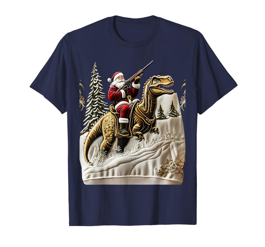 Santa Claus and Dinosaur Print Christmas T-Shirt