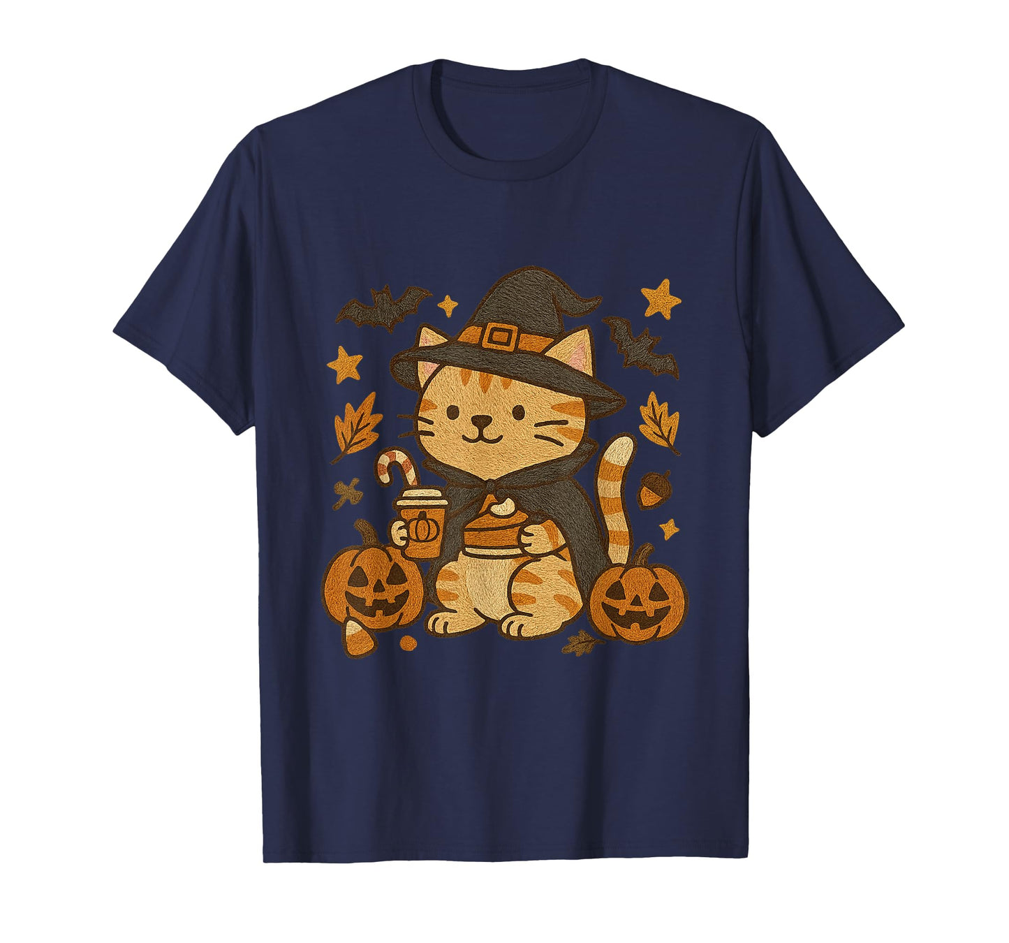 Witchy Cat with Pumpkin and Coffee Halloween Design T-Shirt