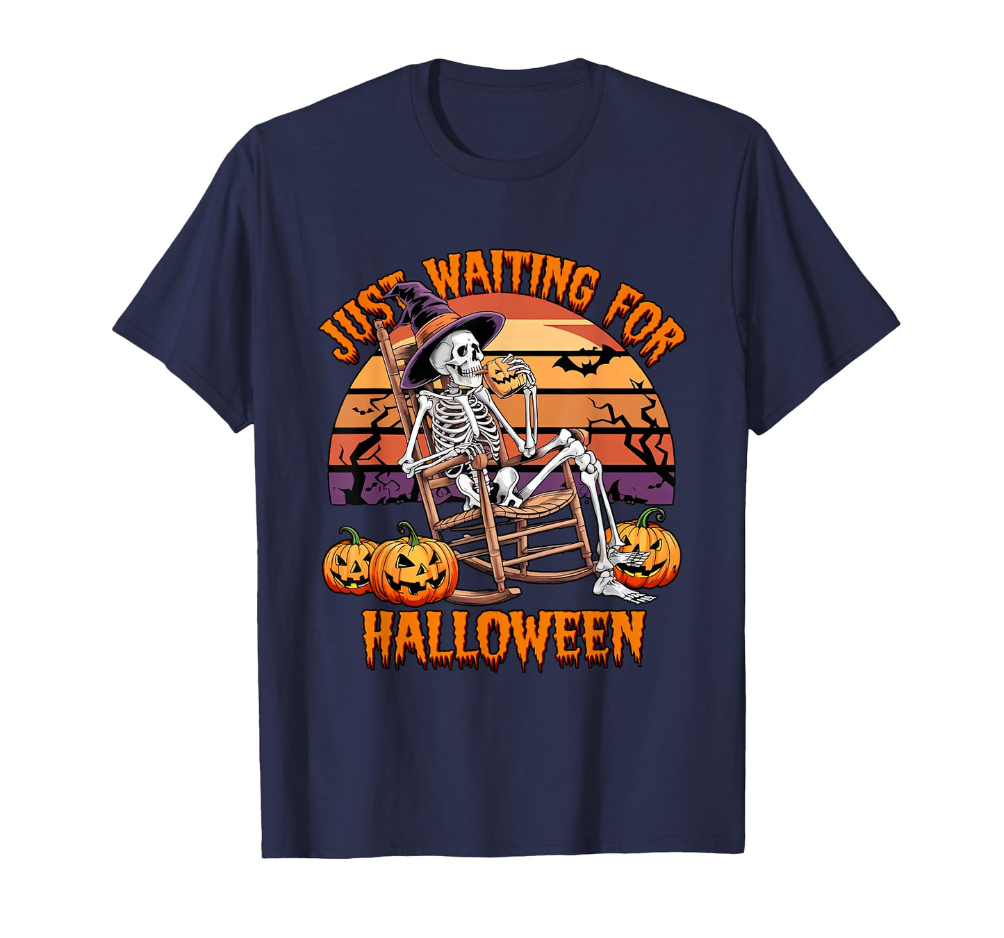 Funny Just Waiting for Halloween Pumpkin Skeleton Witch Meme T-Shirt