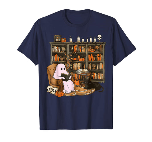 Vintage Ghost Book Reading Pumpkin Gothic Halloween Teachers T-Shirt