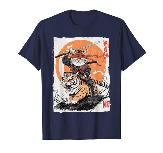 Ninja Cat Riding Tiger - Japanese Samurai Art Vintage Style T-Shirt for Men Women Kids