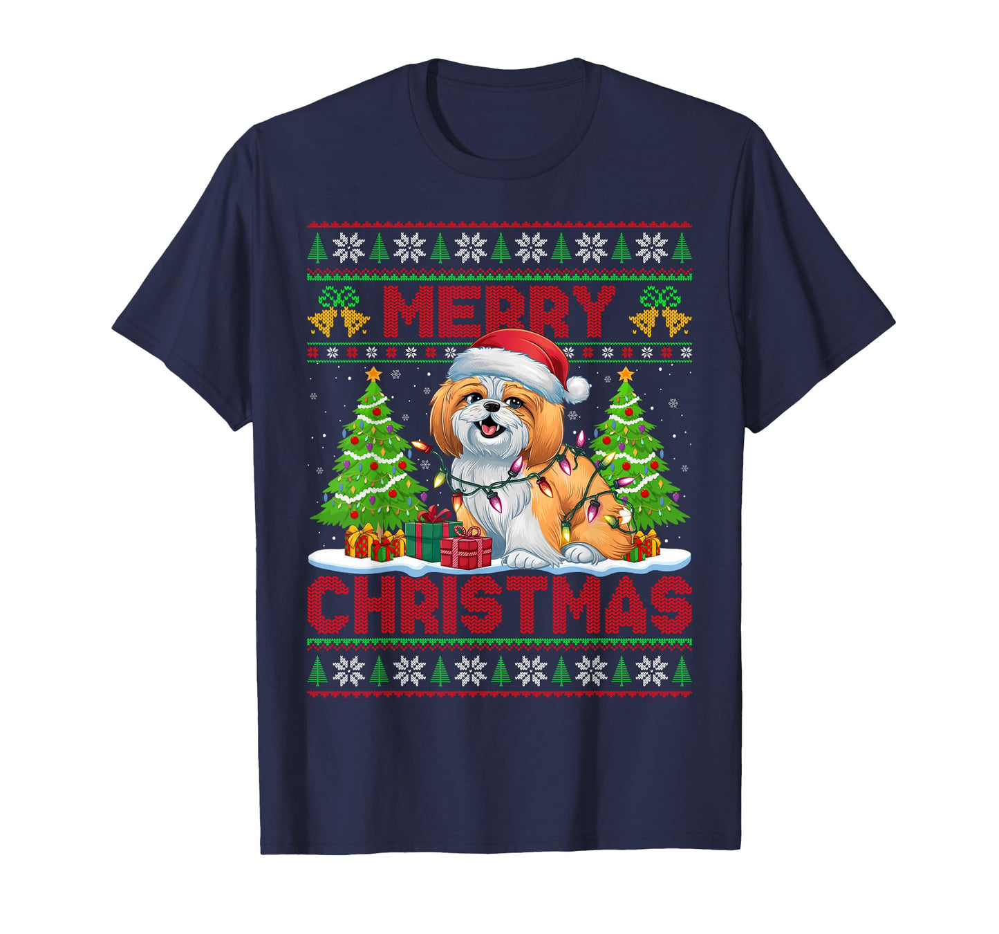 Shih Tzu Ugly Christmas Sweaters Funny Pet Dog Lights Xmas T-Shirt