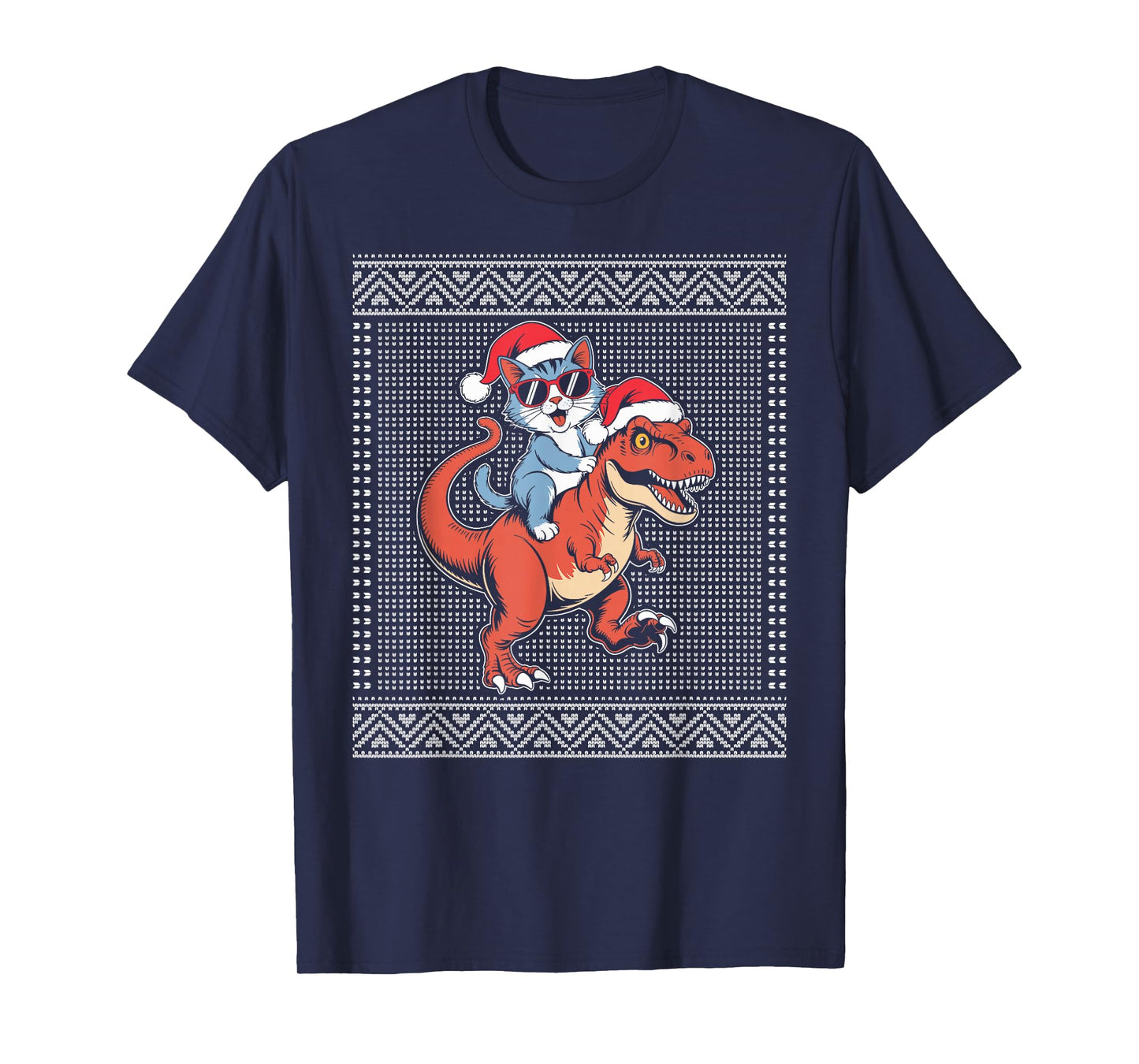 Cat Riding a t rex Ugly Christmas Sweater T-Shirt