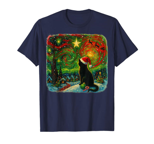 Funny Black Cat Merry Christmas Xmas Van Gogh Pajama Holiday T-Shirt