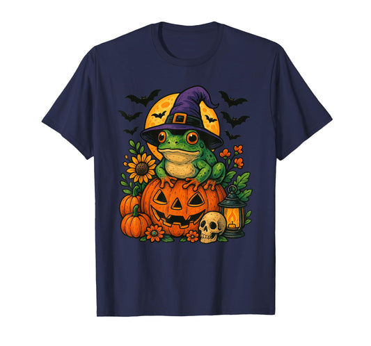 Frog Witch Hat Bats Pumpkin Halloween T-Shirt