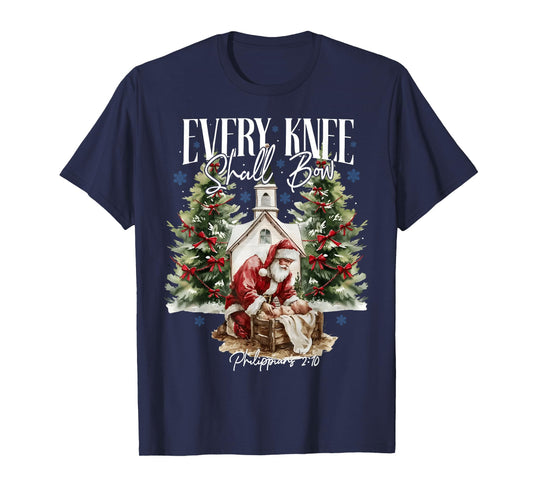 Every Knee Shall Bow Santa Christmas Nativity Scene Women T-Shirt