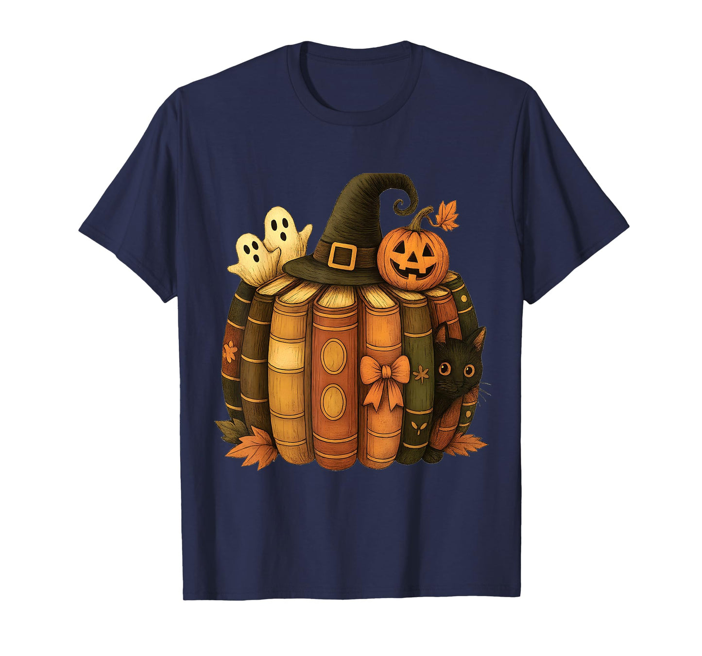 Black cat Witch hat Halloween Fall Book Pumpkin T-Shirt