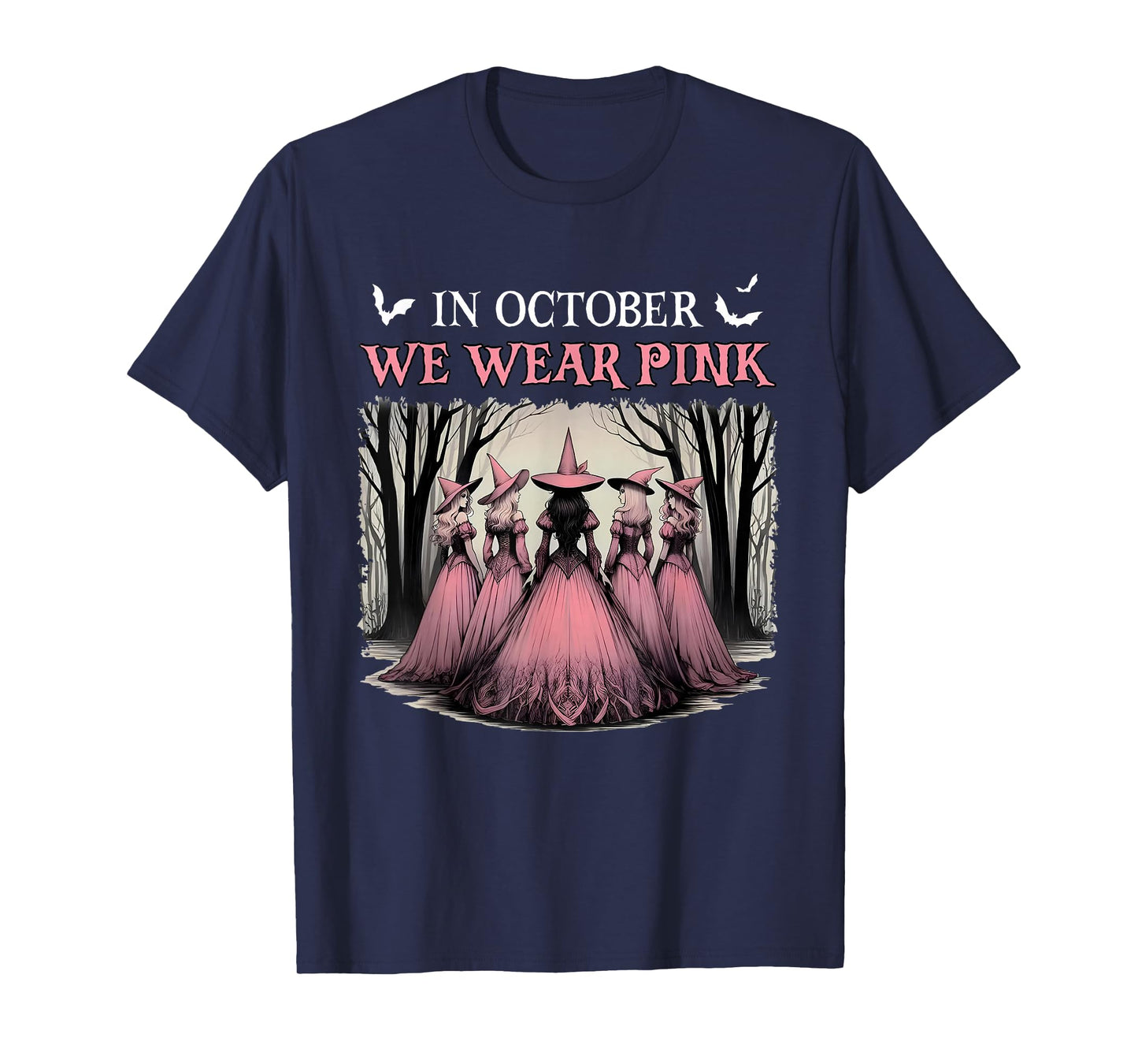 in October We Wear Pink Halloween Salem Witch Breast Cancer T-Shirt