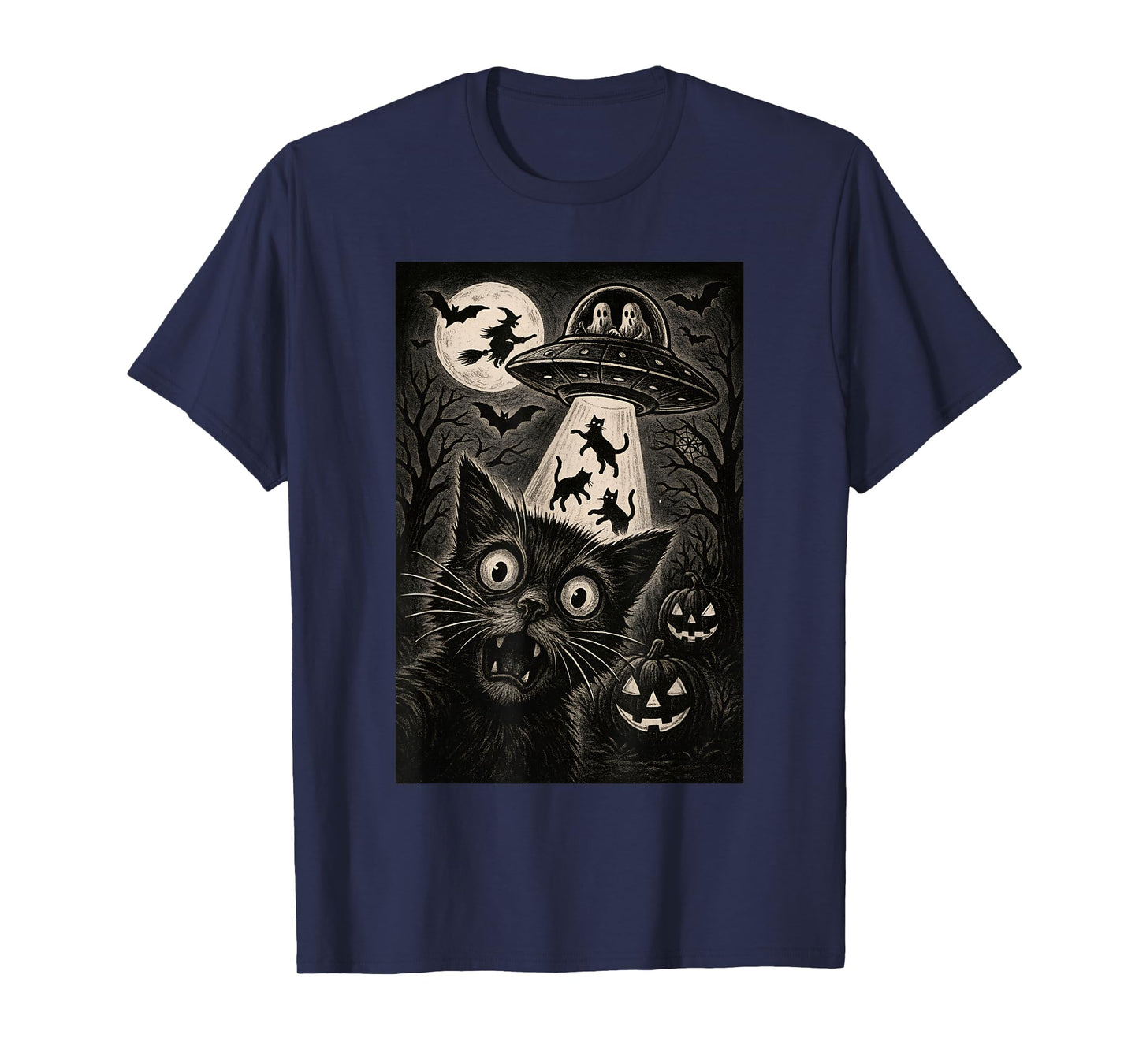 Halloween Cat Selfie Spooky Night Alien Abduction Cats UFO T-Shirt