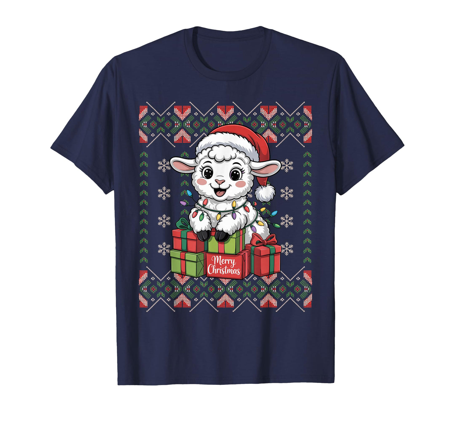Santa Lamb Christmas Ugly Sweater Funny Holiday Pajamas T-Shirt