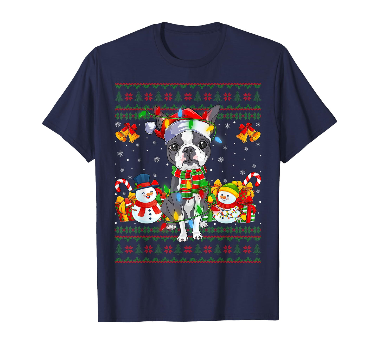 Boston Terrier Dog Ugly Christmas Sweaters Lights Dog Xmas T-Shirt