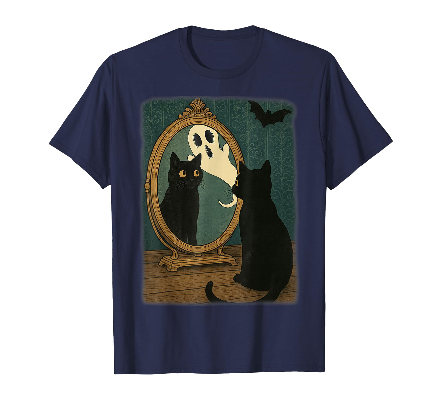 Vintage Halloween Black Cat Ghost in Mirror Cat Lover Womens T-Shirt