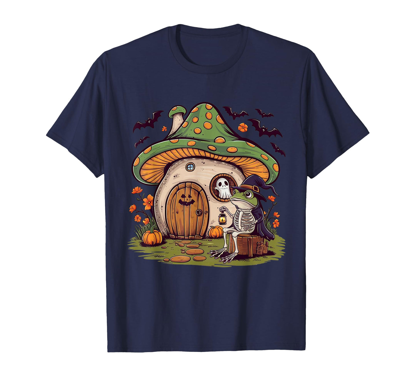 Frog Skeleton Mushroom House Funny Halloween Ghost Pumpkin T-Shirt
