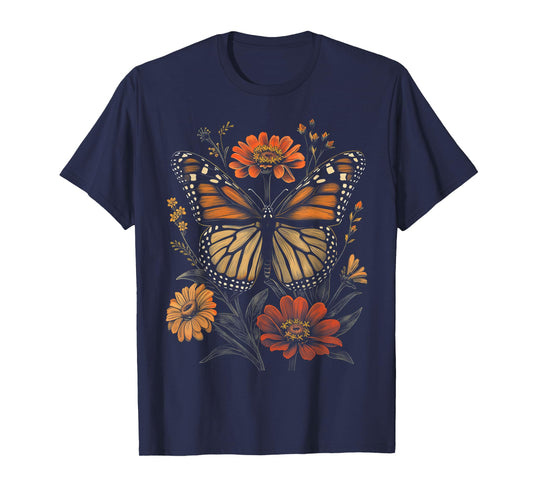 Vintage Monarch Butterfly Zinnias Flower Girl Plant Mom T-Shirt