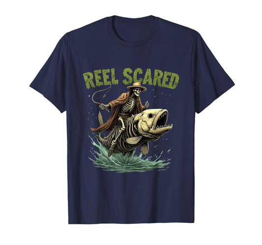 Fisherman Skeleton Funny Retro Reel Scared Halloween Fishing T-Shirt