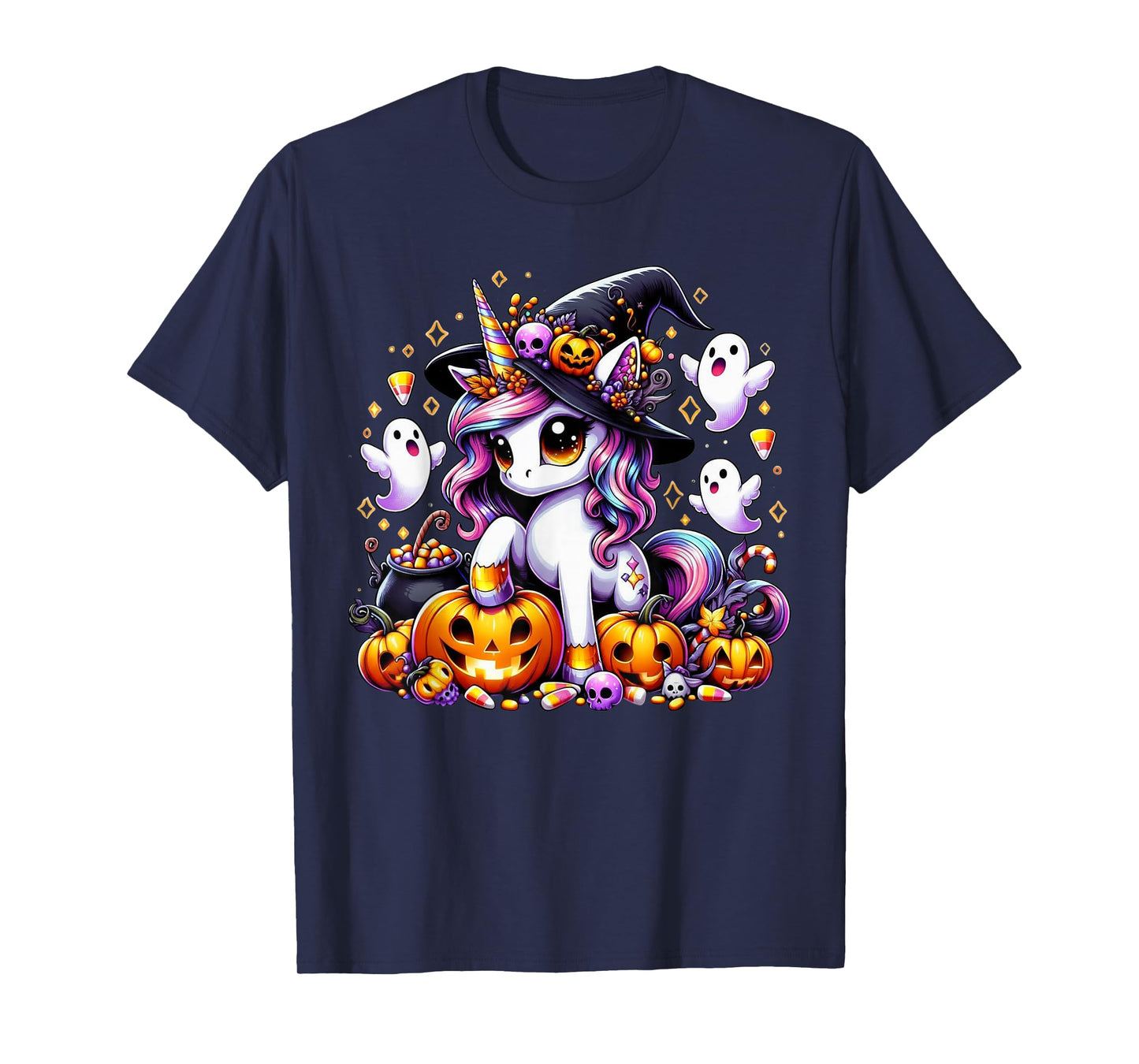 Cute Halloween Unicorn Witch Sitting On Pumpkin T-Shirt
