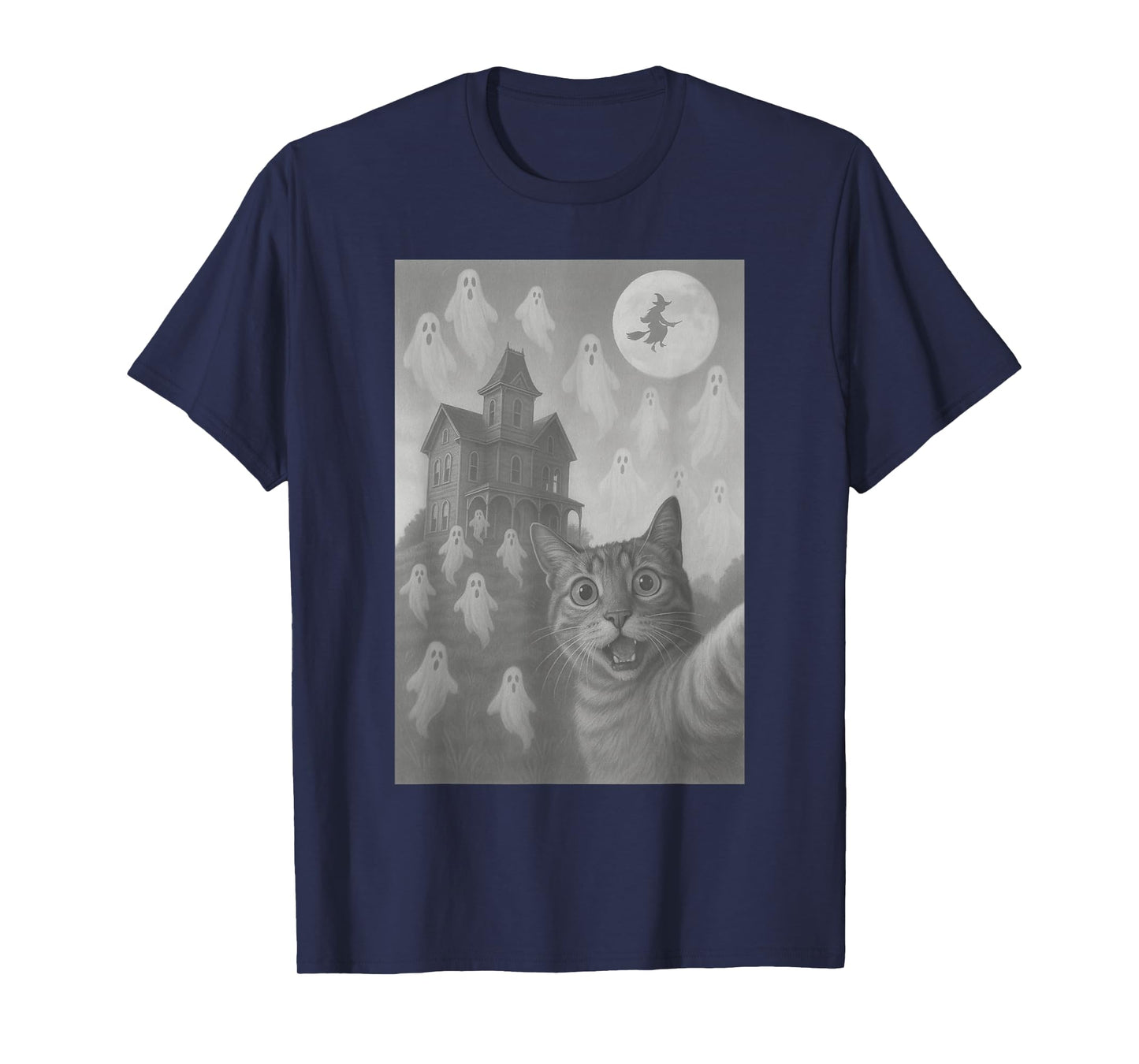 Halloween Cat Selfie Scary House Ghosts Funny Cat Halloween T-Shirt