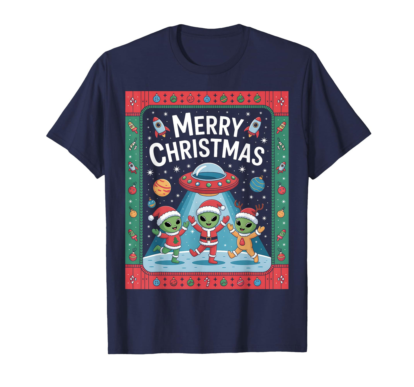 Funny Alien Trio Merry Ugly Christmas Santa Hat Gifts Xmas T-Shirt