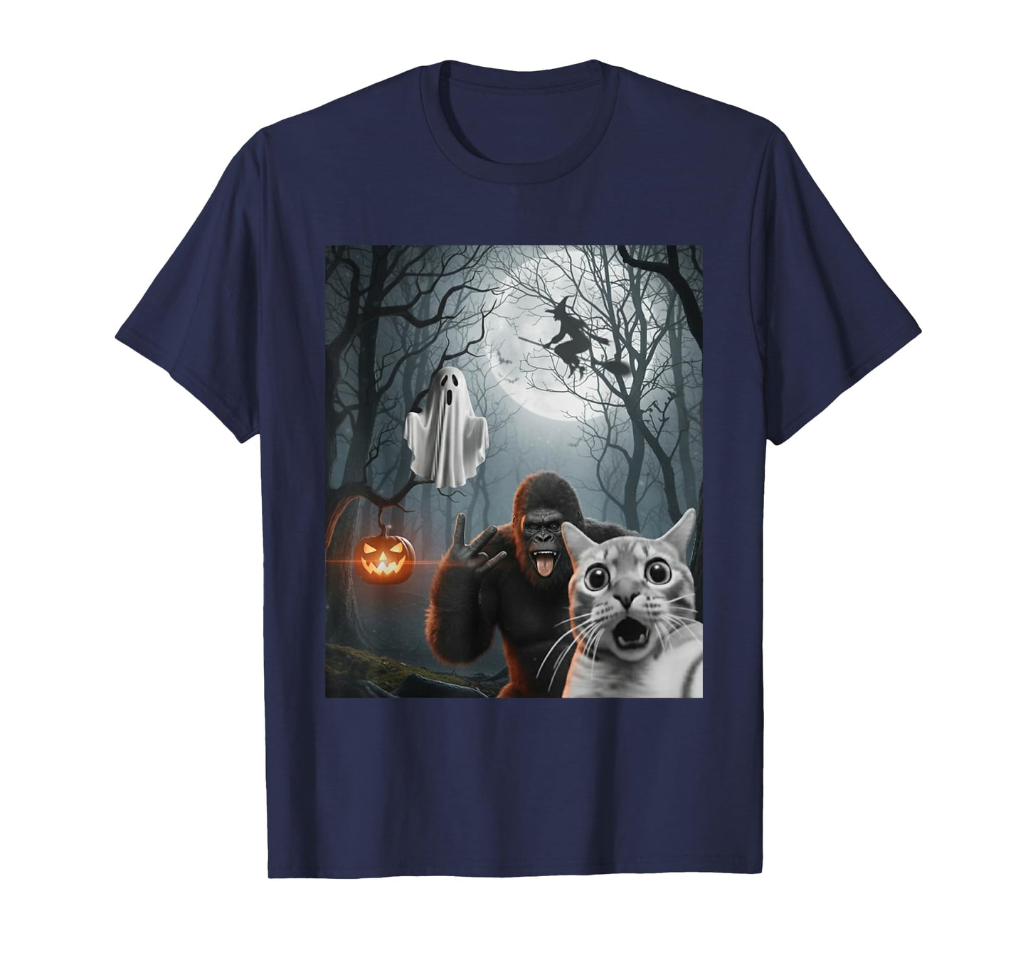 Funny Halloween Cat Selfie Ghost Bigfoot Costume Men Women T-Shirt