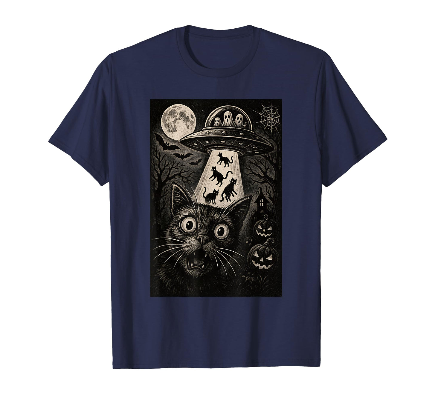 Halloween Cat Selfie Spooky Night Alien Abduction Cats UFO T-Shirt