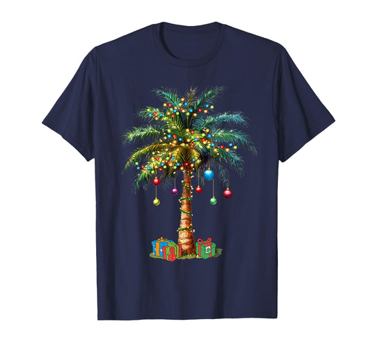 Tropical Christmas Hawaiian Santa Xmas Lights Palm Tree T-Shirt