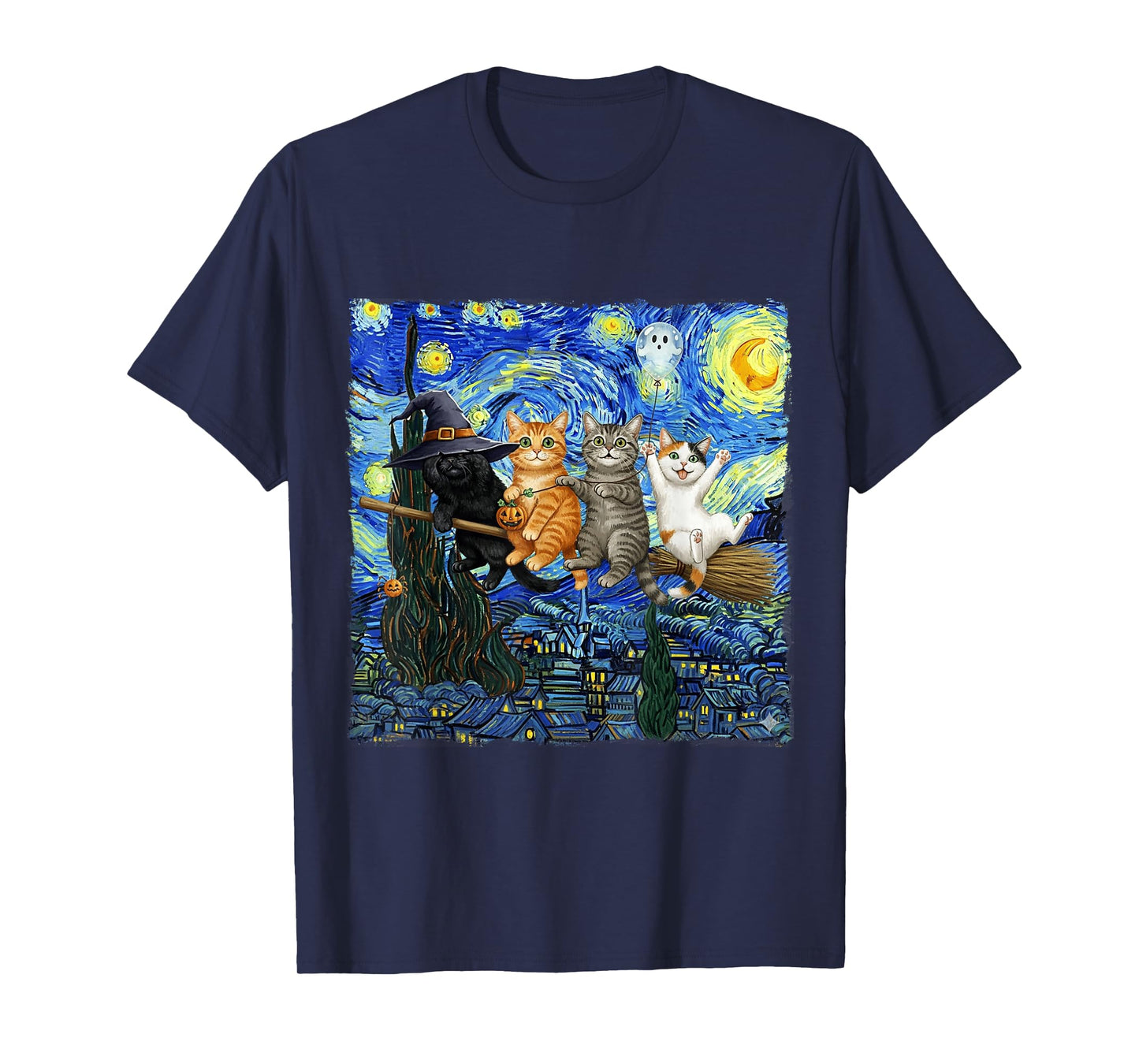 Starry Night Witch with Funny Cats Hanging on Broom Spooky T-Shirt