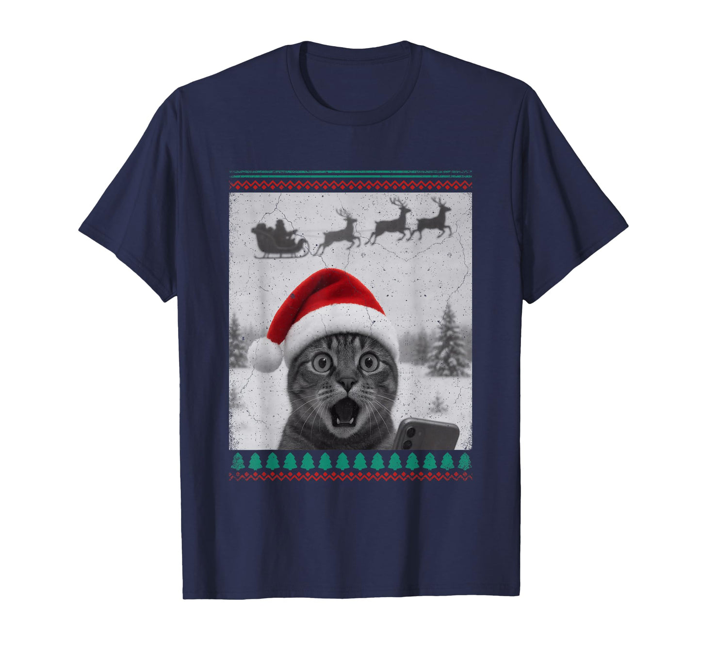 Ugly Christmas Funny Cat Selfie with Santa Sleigh T-Shirt